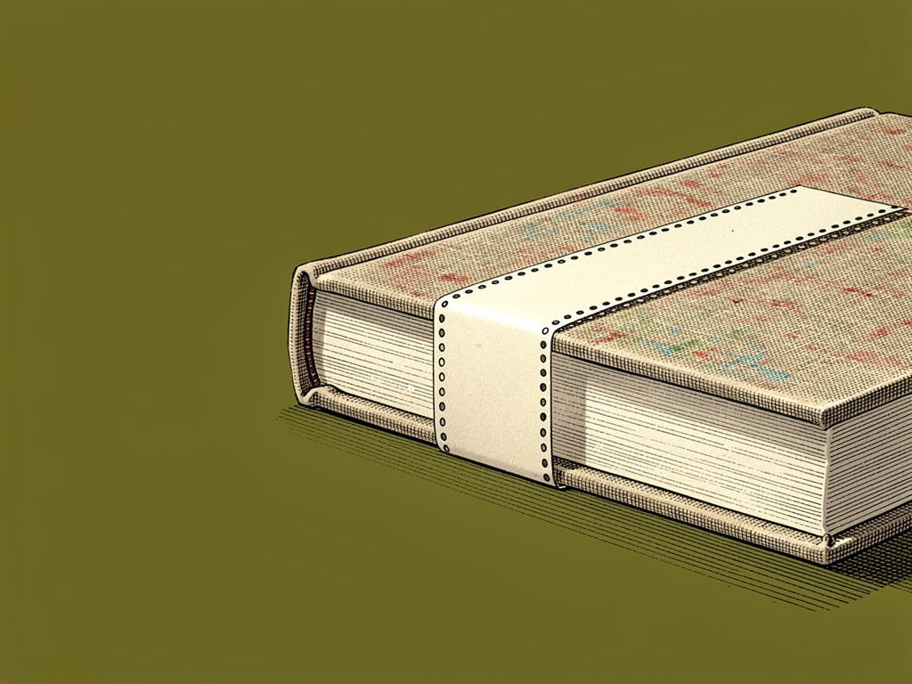 Engraved closed book with a perforated paper strip seated in the page edge.